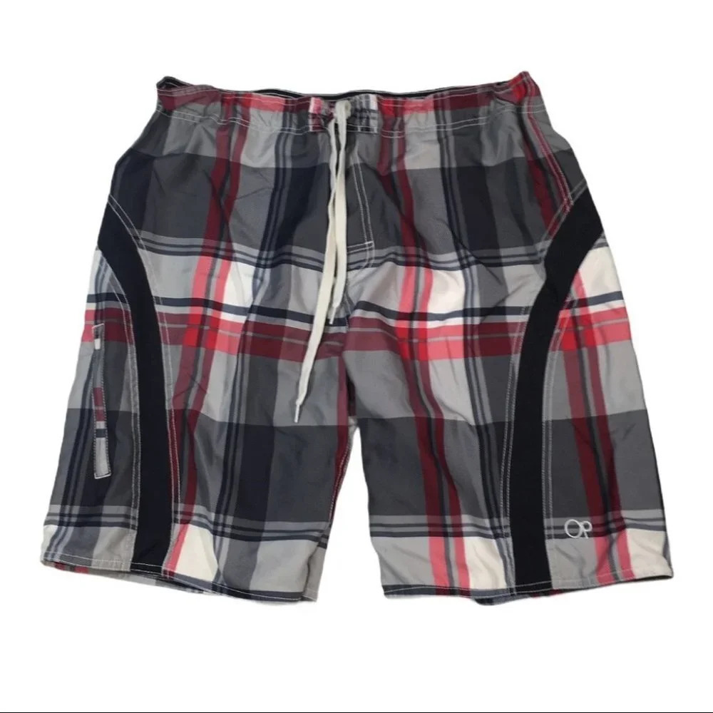 SH97 Ocean Pacific OP Plaid Lined Swim Trunks XL